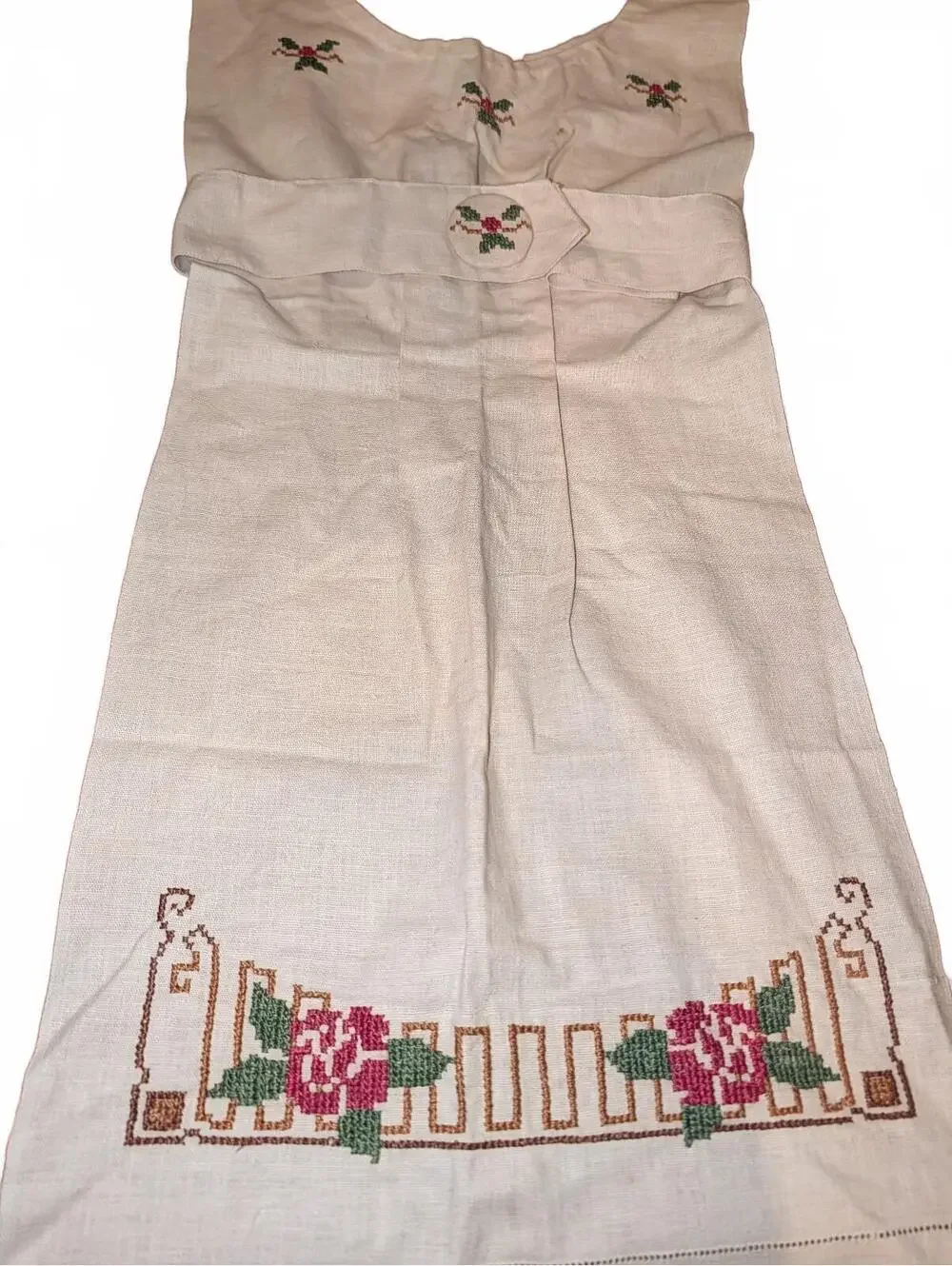 Handmade Vintage Embroidered Linen apron with Rose Cross-Stitch